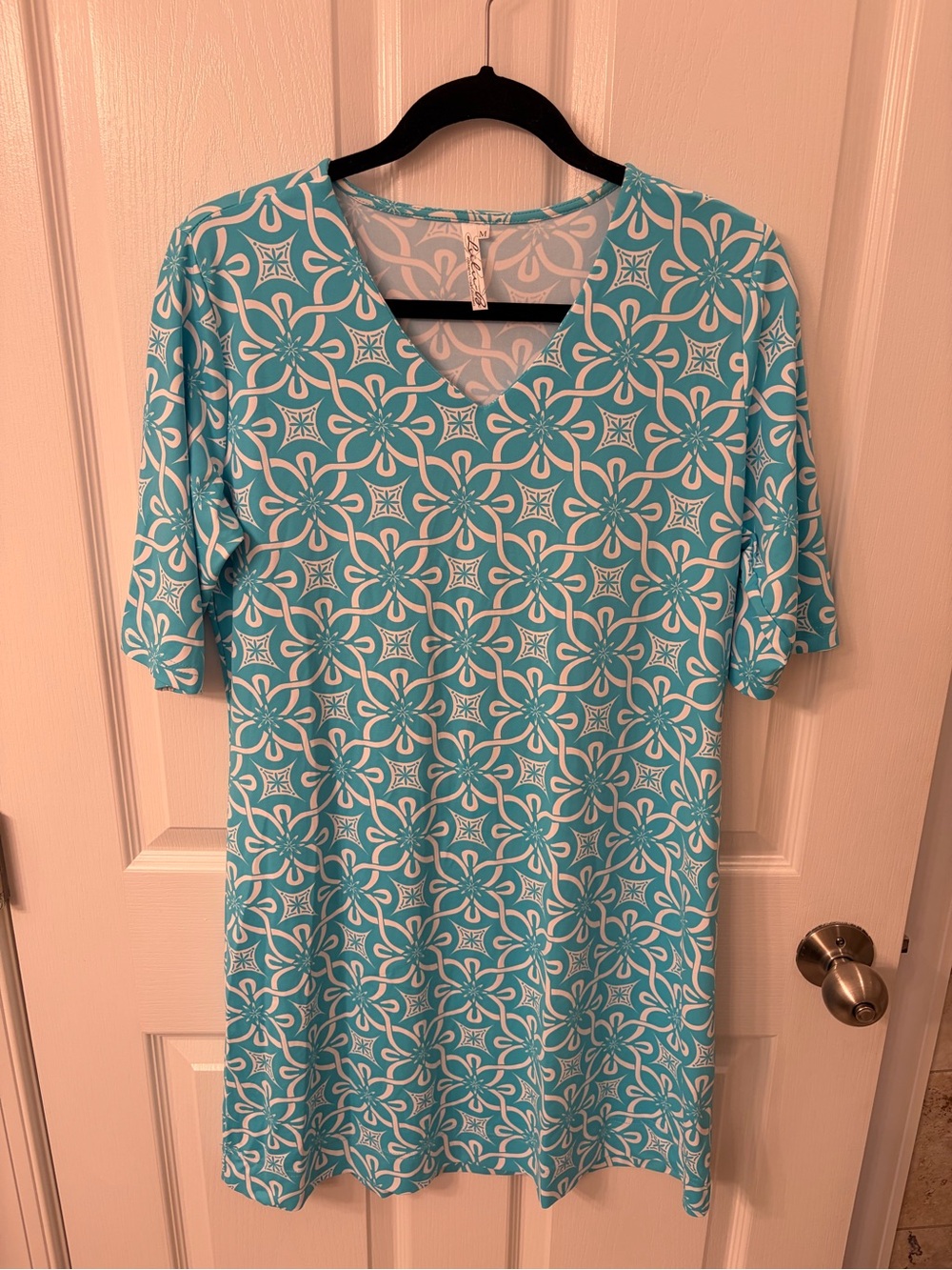 Lulu-B Turquoise & White Floral-Geo Midi Dress